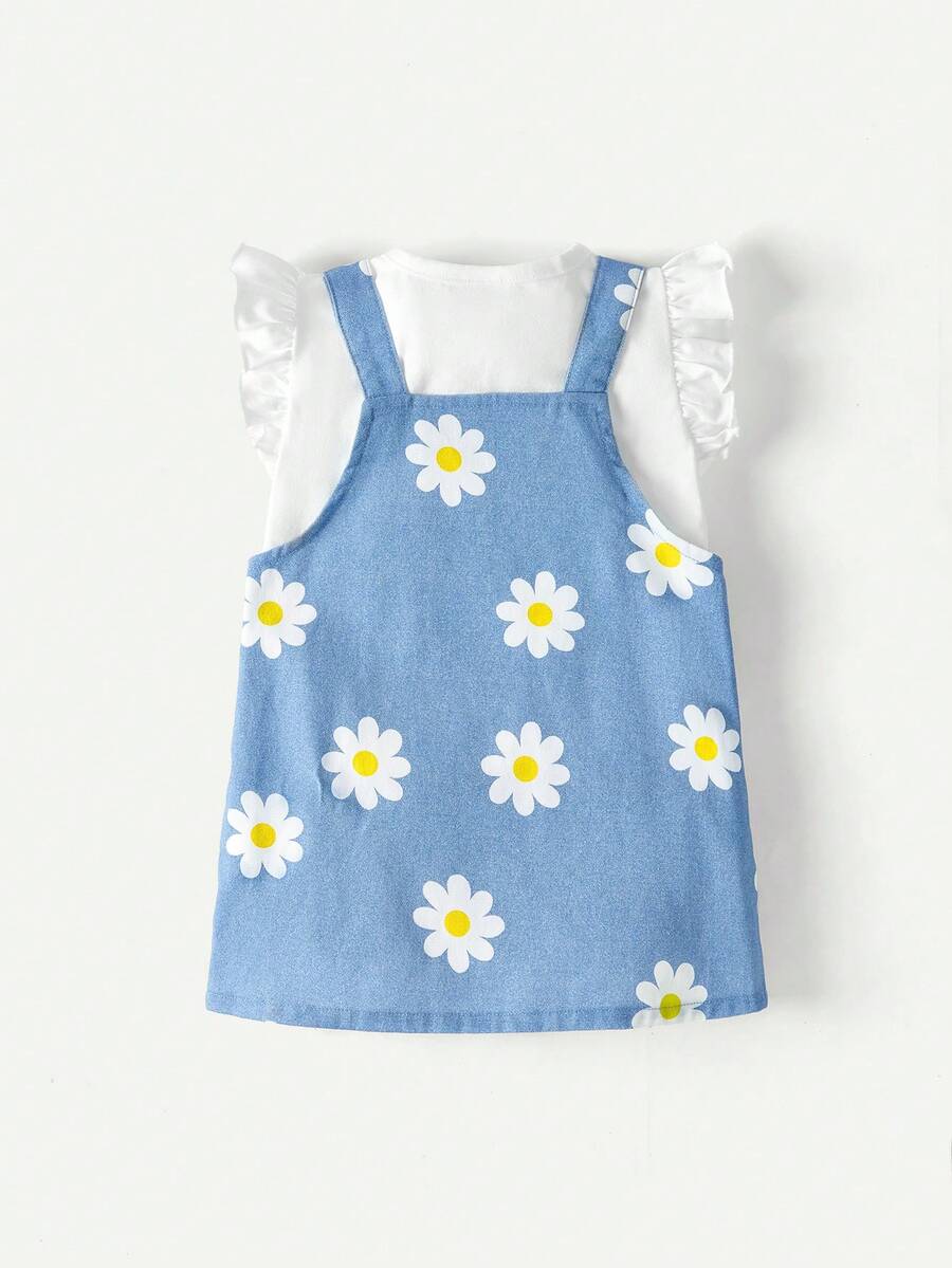 Cozy Pixies Baby Girl Solid Color Cap Sleeve Top And Daisy Patterned