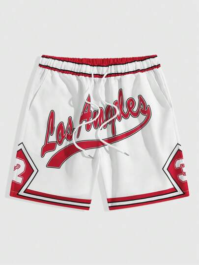 Prep Men Casual Loose Fit Summer Shorts With Letter Printing And Drawstring Waist, School