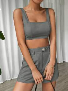 SHEIN EZwear Women Solid Color Simple Style Vest + Short Western-Style Shorts Two-Piece Set For Spring And Summer