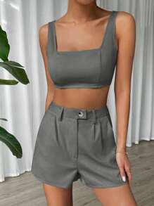 SHEIN EZwear Women Solid Color Simple Style Vest + Short Western-Style Shorts Two-Piece Set For Spring And Summer