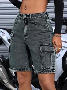 SHEIN EZwear Women Fashionable Distressed Denim Shorts With Pocket Design