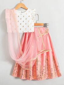 SHEIN Young Girl Elegant 2 Pieces Set Of Gold Printed Polka Dot Round Neck Mesh Top And Skirt For Summer,Holiday,Summer,Travel