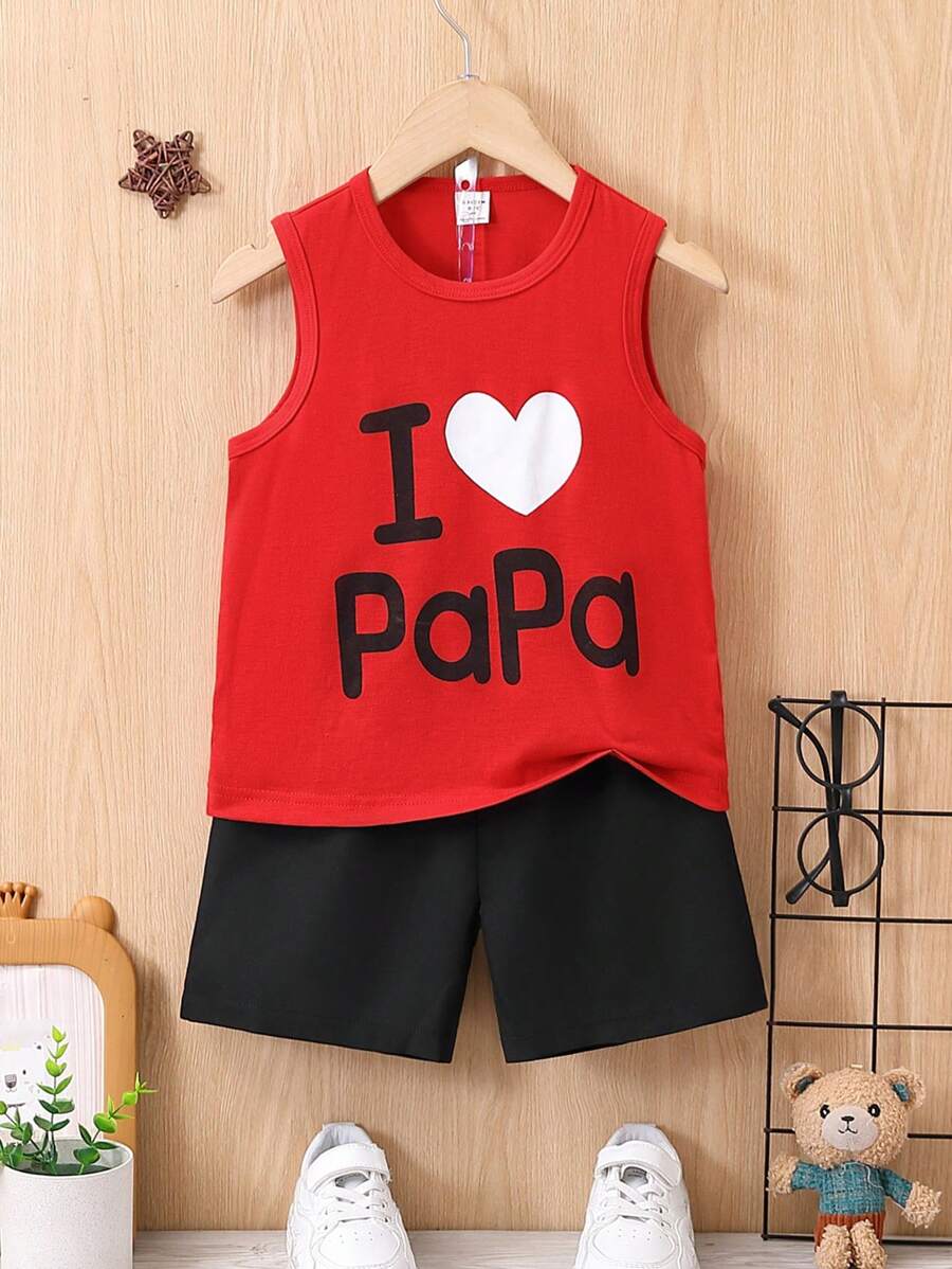 SHEIN Camiseta sin mangas minimalista con estampado de corazón, apta para escapadas, vacaciones, viajes, relajación, tomar el sol, verano para niños pequeños - Rojo - Ver 1
