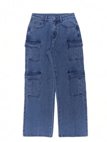 女士宽松工装牛仔裤，休闲时尚，适合日常穿着 - 藍色 - 查看 3
