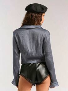 Forever 21 女式襯領綁帶休閒春夏長袖襯衫，適合日常穿著 - 灰色 - 查看 3