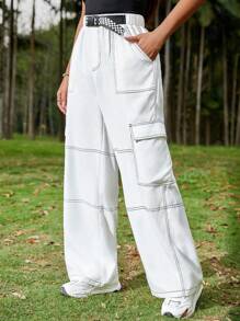 SHEIN EZwear Women Summer Casual Loose Straight Cargo Pants In White With A Built-In Belt - White - View 1