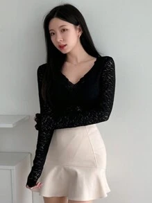 DAZY 女式春夏蕾丝边V领修身长袖透明上衣 - 黑色 - 查看 6