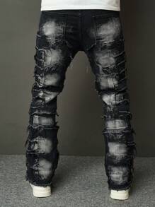 SHEIN Tween Boy Moda Casual Design Sense Rough Edge Quadrado Triângulo Corte Preto Denim Fit Com Jeans Elástico Para Uso Diário E Outono Roupas Infantis