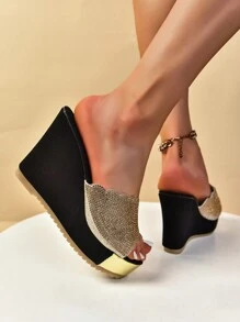 Women's Rhinestone Studded Peep Toe Wedge Sandals With Golden Plating, Platform And Chunky Heels - Gold - View 2