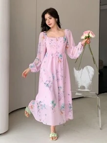 DAZY Robe d'été casual à manches lanternes imprimée de fleurs, col carré, volants