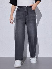 SHEIN Tween Boy Vintage Basic Loose Straight Leg Jeans In Casual College Style