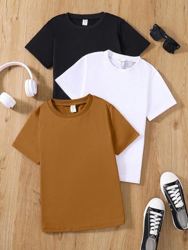 SHEIN 3pcs/Set Tween Boys' Casual Multicolor Knitted T-Shirt, School, Campus, College
