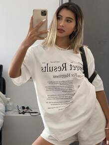 DAZY Camiseta de manga corta con cuello redondo y eslogan impreso para el verano, camiseta gráfica oversize