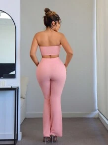 SHEIN SXY 2pcs Soft Pink Floral Ruffled Mesh Tube Top And Flared Pants Set For Women, Holiday/Party Wear - Pink - View 2