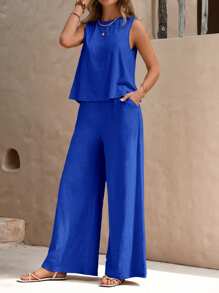 Faunlyn Women 2-Piece Set Solid Color Round Neck Sleeveless Top And Wide-Leg Pants, Suitable For Summer - Royal Blue - View 3