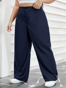 SHEIN Essnce Plus Size Women Pleated Pocket Straight Leg Casual Pants For Summer And Work