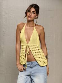 MUSERA 沙滩黄钩针编织系带上衣，春季Y2K 90年代休闲可爱粉彩夏春季优雅少女风 - 黃色 - 查看 1
