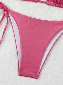SHEIN Swim Women Summer Beach Solid Metal Textured Halter Neck Simple And Stylish Bikini Set For Vacation - Hot Pink - View 5
