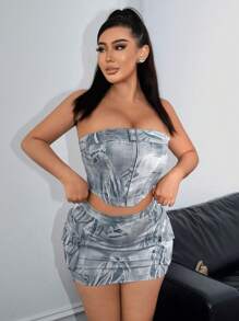 SHEIN SXY x STAS SHEIN SXY Women Summer Country Festival Casual Streetwear Motorbike Bandeau Top And Mini Skirt Set