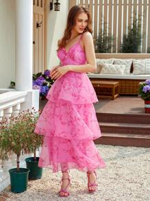 Aveloria Rosie Organza Gradient Floral Printed Multi-Layered Dress, With Ruffle Trim, Square Neckline, And Belt, For Women - Multicolor - View 5