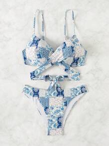 Ladies Vacation Floral Printed Cross-Strap Simple & Fashionable Bikini Set Summer - Multicolor - View 6