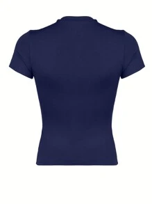 INAWLY Solva Women Round Neck Solid Color Simple And Versatile Short Sleeve T-Shirt For Spring And Summer Fall Cloth For Women - Navy Blue - View 4
