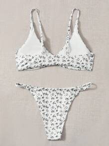 SHEIN Swim 夏季海滩女士度假花卉圆环简约时尚比基尼套装带分体比基尼套装随机印花 - 黑色 - 查看 2