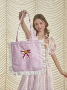CARDCAPTOR SAKURA | SHEIN Bolso Rosa De Mano Para Mujer Con Lazo Decorativo, Detalles De Borde Ondulado En Contraste