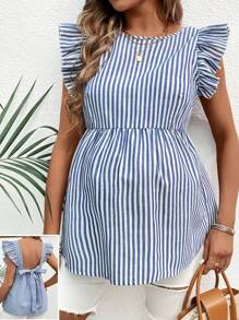 SHEIN Vertical Striped Minimalist Maternity Top With Ruffled Sleeves - Blue - View 5