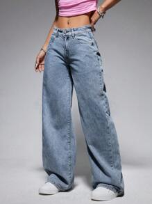 SHEIN ICON Women Casual Slant Pocket Everyday Wide Leg Jeans