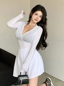 DAZY Women Spring Summer Casual Solid Color Slim Fit Hooded T-Shirt And Loose Shorts Set,Women Two Pieces Sets - White - View 6