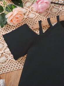 Camiseta casual de verano para niñas preadolescentes con hombros descubiertos y mangas cortas en unicolor - Negro - Ver 5