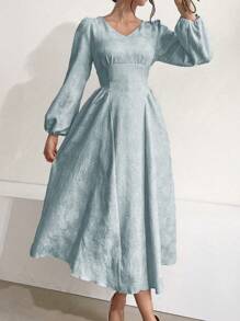 Modelyn Vestido de mujer de unicolor con escote en V, mangas farol y jacquard, vestido largo para mujer - Azul - Ver 3