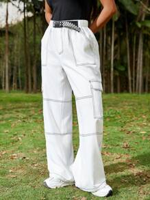 SHEIN EZwear Women Summer Casual Loose Straight Cargo Pants In White With A Built-In Belt - White - View 5