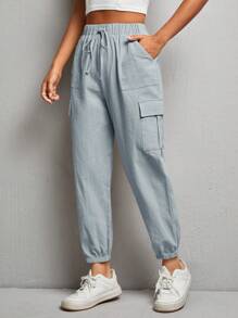 SHEIN PETITE 女士純色束口彈性袖口工作褲，適用於春夏季節 - 淺藍色 - 查看 3