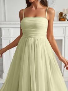 SHEIN Belle 女性夏季純色褶皺網紗不管晚禮服還是正式舞會禮服的長洋裝，細肩帶款式 - 綠色 - 查看 5