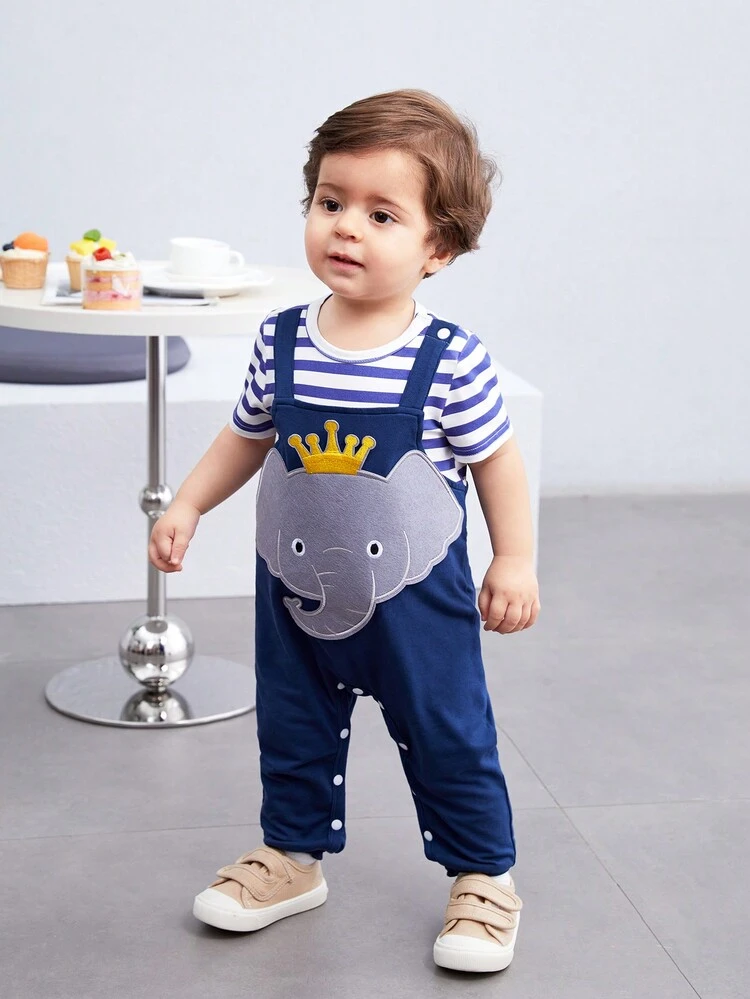 Baby Boy Baby Girl Casual Cartoon Elephant Pattern Color Block Jumpsuit