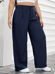 SHEIN Essnce Plus Size Women Pleated Pocket Straight Leg Casual Pants For Summer And Work