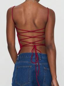 INAWLY Áo không tay màu trơn dành cho nữ có dây đeo mảnh và dây buộc phía sau - Đỏ - Xem 2