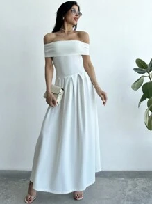 Firerie Dames elegante effen kleur off-shoulder A-lijn lange jurk voor de zomer