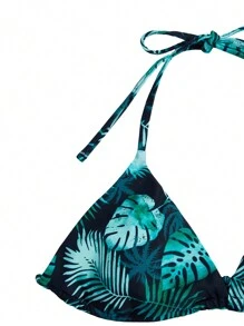 Tropical Print Bikini Set Halter Triangle Bra & Bikini & Half Sleeve Beach Romper 3 Pieces Bikini Summer Beach - Green - View 4