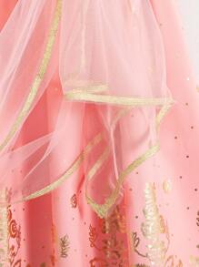 SHEIN Young Girl Elegant 2 Pieces Set Of Gold Printed Polka Dot Round Neck Mesh Top And Skirt For Summer,Holiday,Summer,Travel