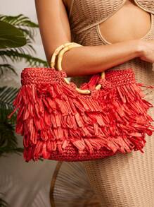 SHEIN SXY Fashion Braid Straw Fringe Tote Bag For Women - Red - View 2