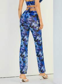 Hauture Summer Floral Print Tie Waist Split Hem Pants - Blue - View 2