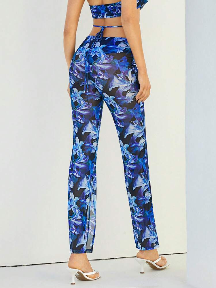 Summer Floral Print Tie Waist Split Hem Pants