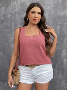 SHEIN LUNE Plus Size Women Solid Color Square Neck Loose Tank Top For Summer