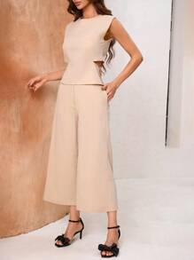 Aveloria Minimalist Style Unisex Backless Top & High-Waist Trousers, Loose-Fit Women's 2pcs/Set