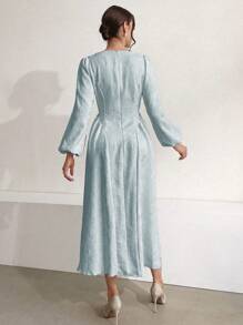 Modelyn Vestido de mujer de unicolor con escote en V, mangas farol y jacquard, vestido largo para mujer - Azul - Ver 2