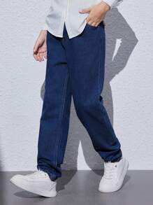 SHEIN Tween Boy Casual Tapered Jeans With Slanted Pockets And Elastic Waistband At The Back, School, Campus, College Chic Autumn/Winter - Dark Wash - View 3