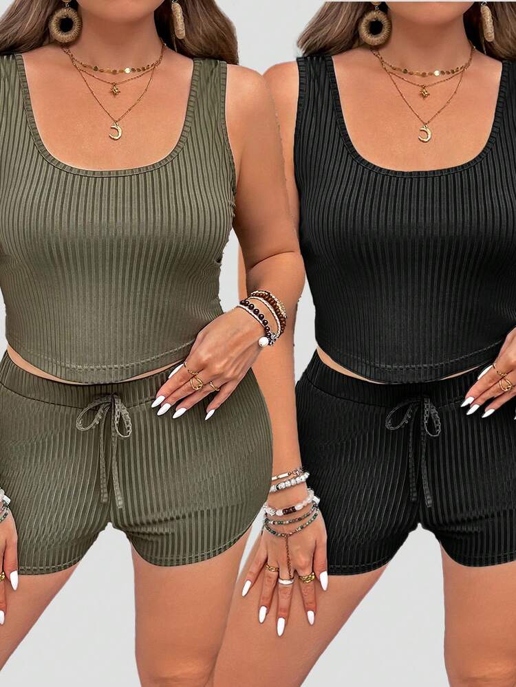 Plus Size Solid Color Casual Spring/Summer Two-Piece Set With Camisole And Shorts
